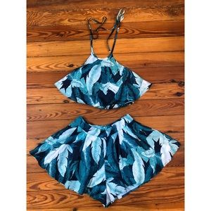 Tropical Leaf Print Halter and Skirt Two Piece Set